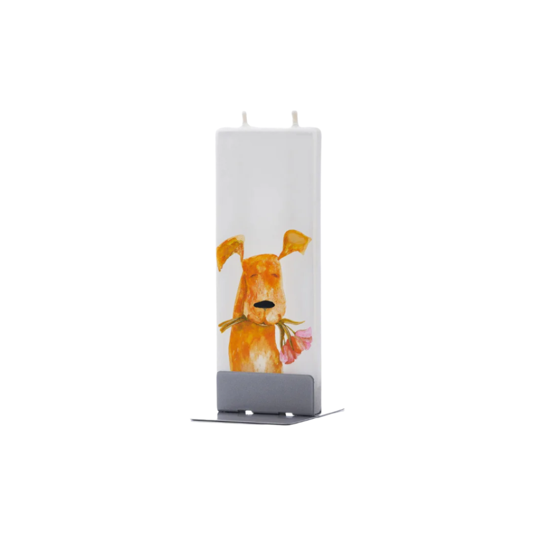 DOG WITH PINK FLOWERS IN MOUTH FLAT CANDLE