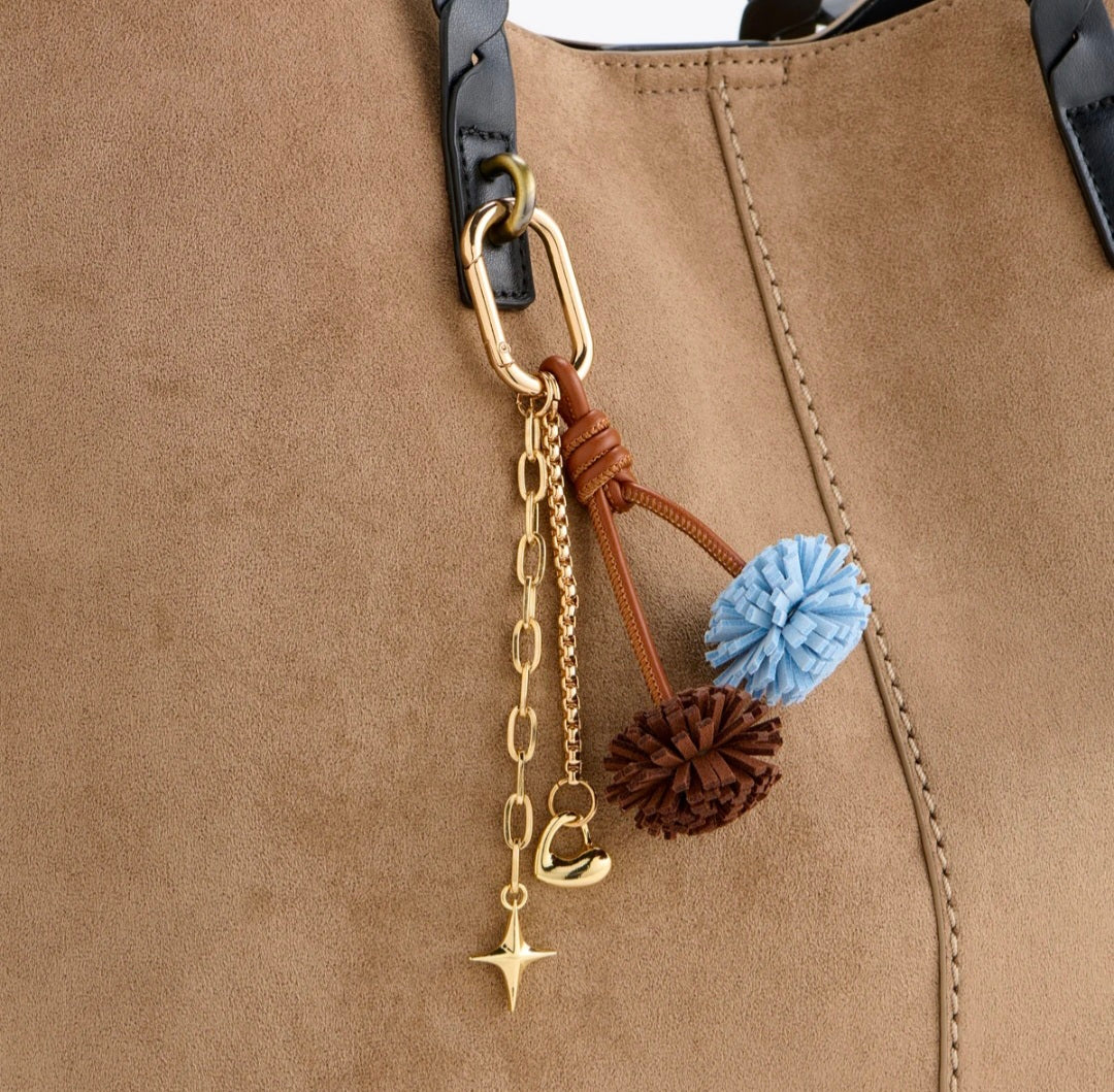 Pom Pom Bag Charm/Key Ring-Brown