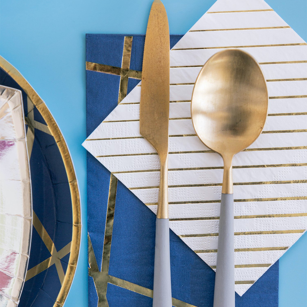 White & Gold Striped Cocktail Napkins