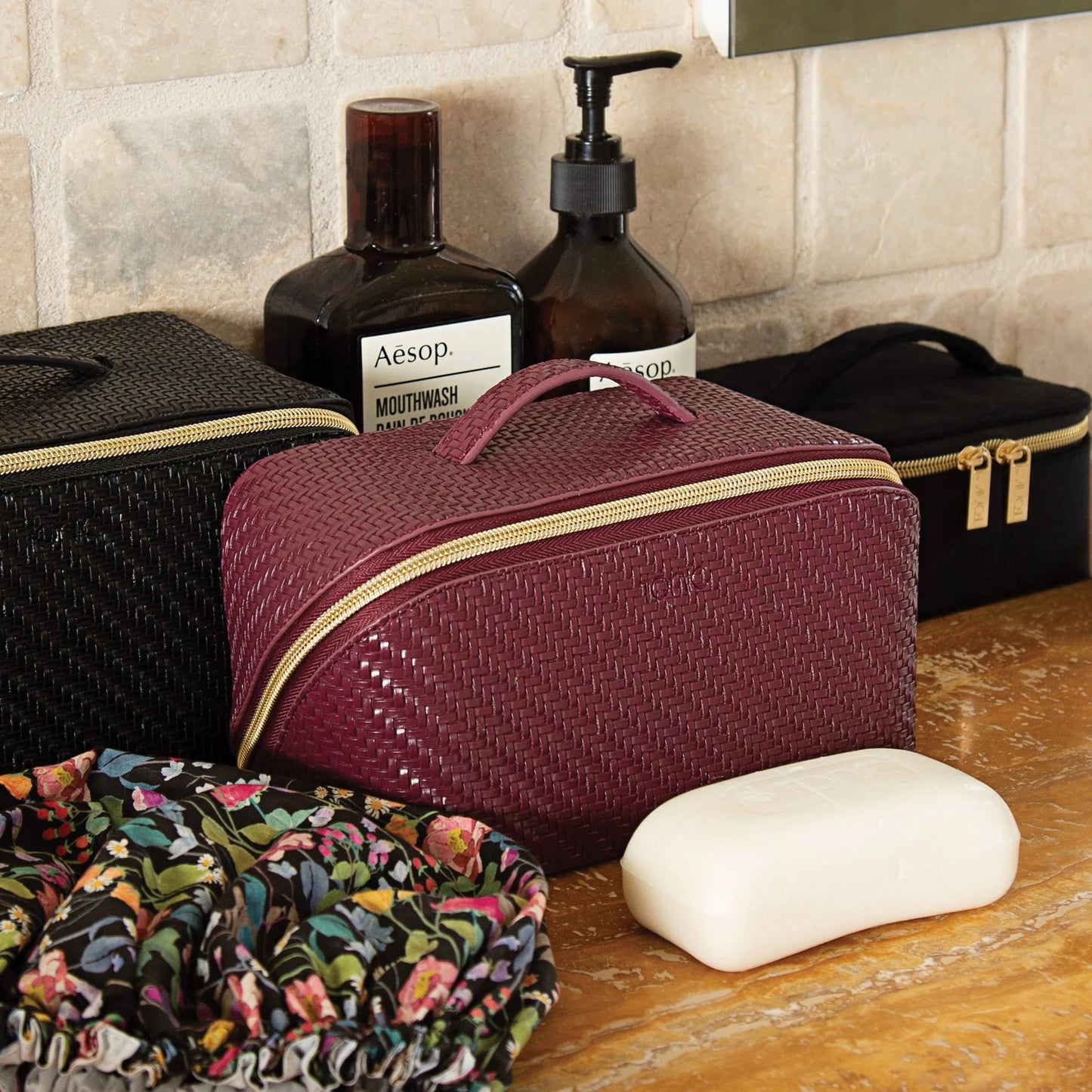 COSMETIC BAG HERRINGBONE PLUM