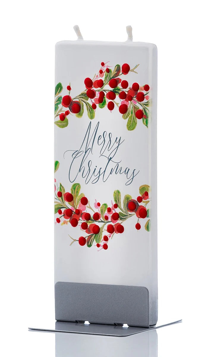 MERRY CHRISTMAS WREATH WITH BERRIES FLAT CANDLE