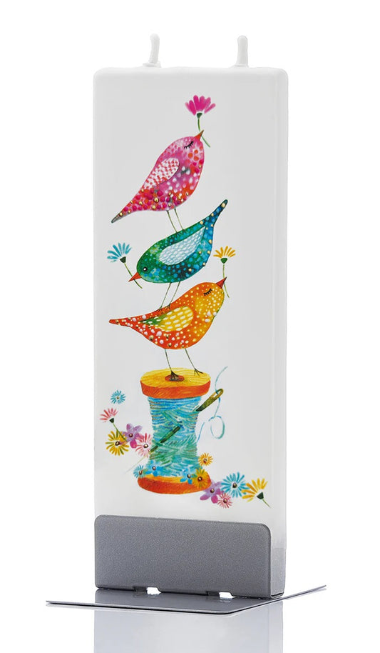 BIRDS ON A SEWING SPOOL FLAT CANDLE