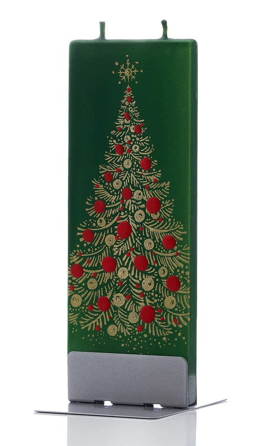 GOLD CHRISTMAS TREE ON GREEN FLAT CANDLE