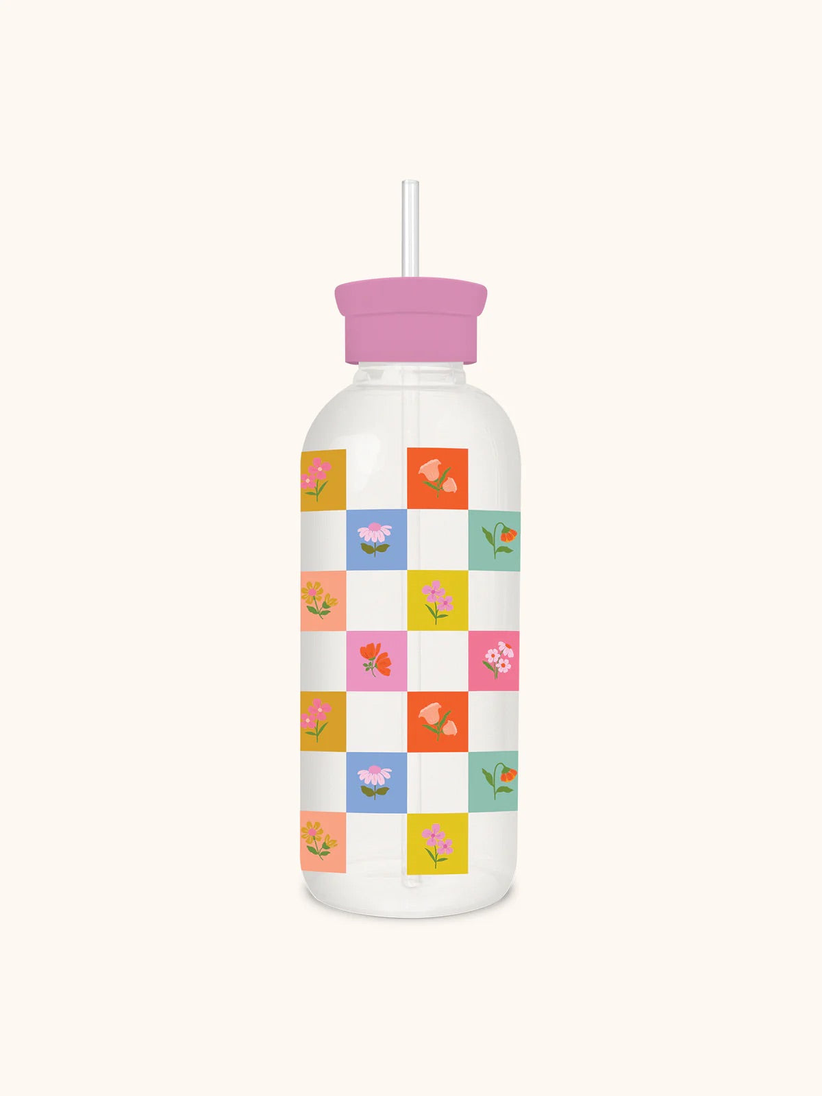 BLOOMING CHECKERBOARD: GLASS WATER BOTTLE WITH STRAW