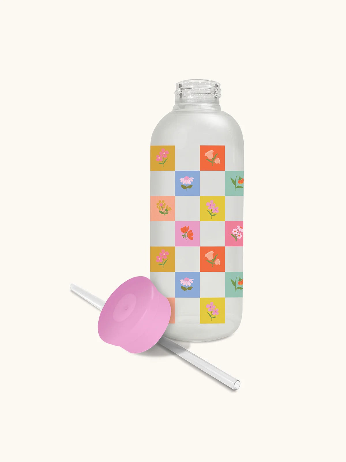 BLOOMING CHECKERBOARD: GLASS WATER BOTTLE WITH STRAW