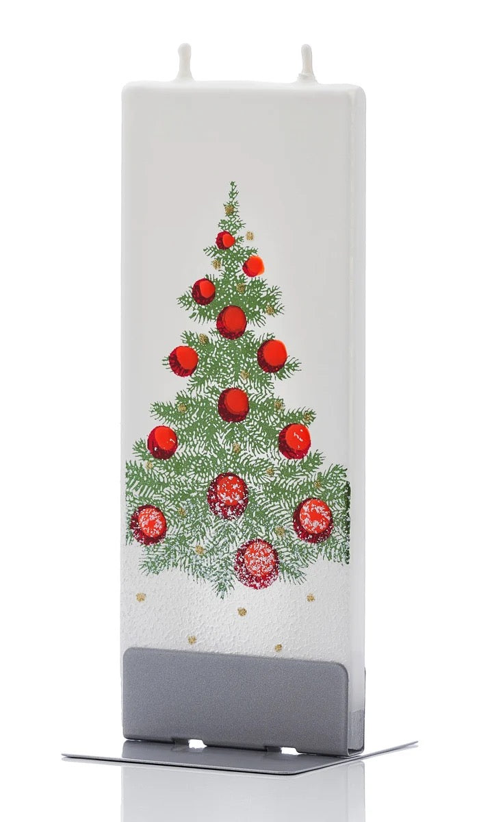 CHRISTMAS TREE WITH RED ORNAMENTS AND SNOW