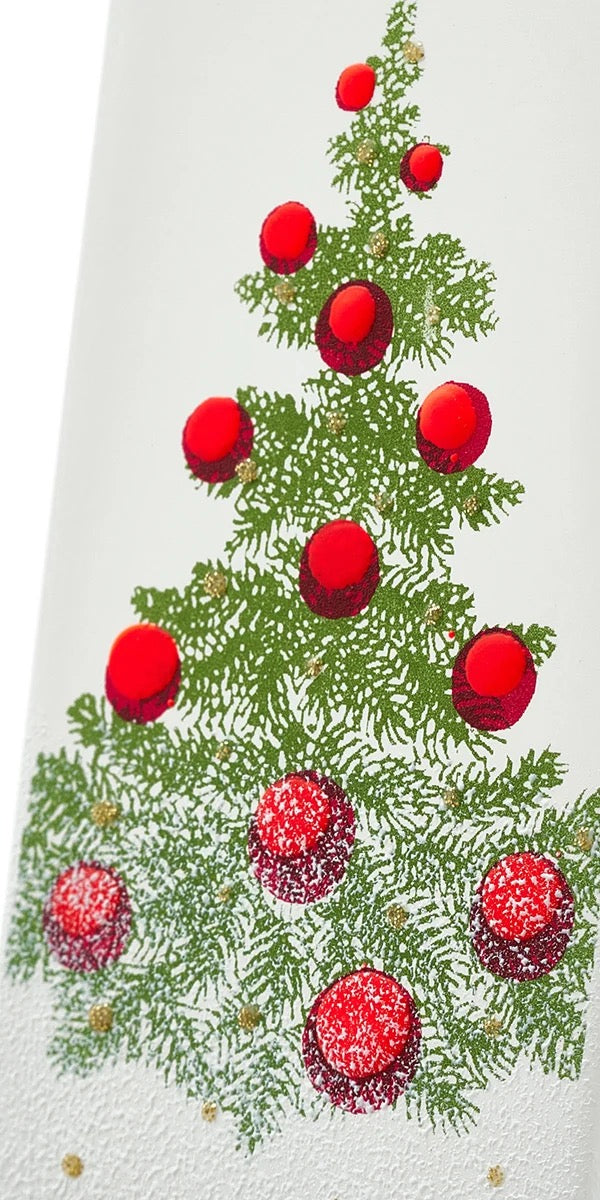 CHRISTMAS TREE WITH RED ORNAMENTS AND SNOW