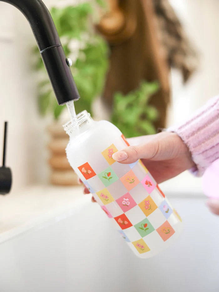 BLOOMING CHECKERBOARD: GLASS WATER BOTTLE WITH STRAW