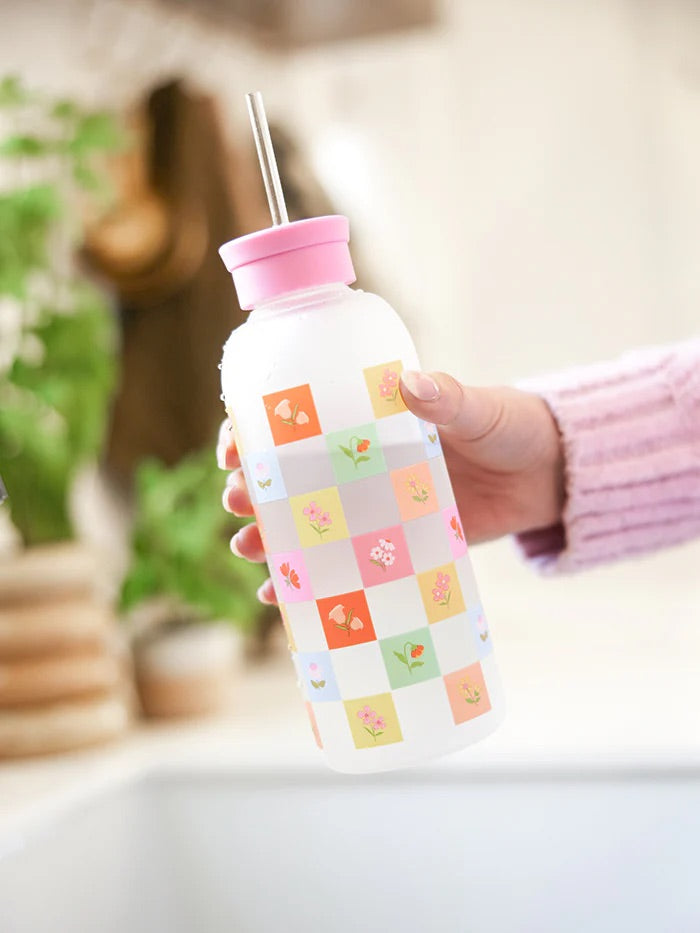 BLOOMING CHECKERBOARD: GLASS WATER BOTTLE WITH STRAW