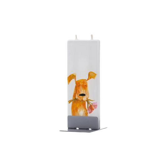 DOG WITH PINK FLOWERS IN MOUTH FLAT CANDLE
