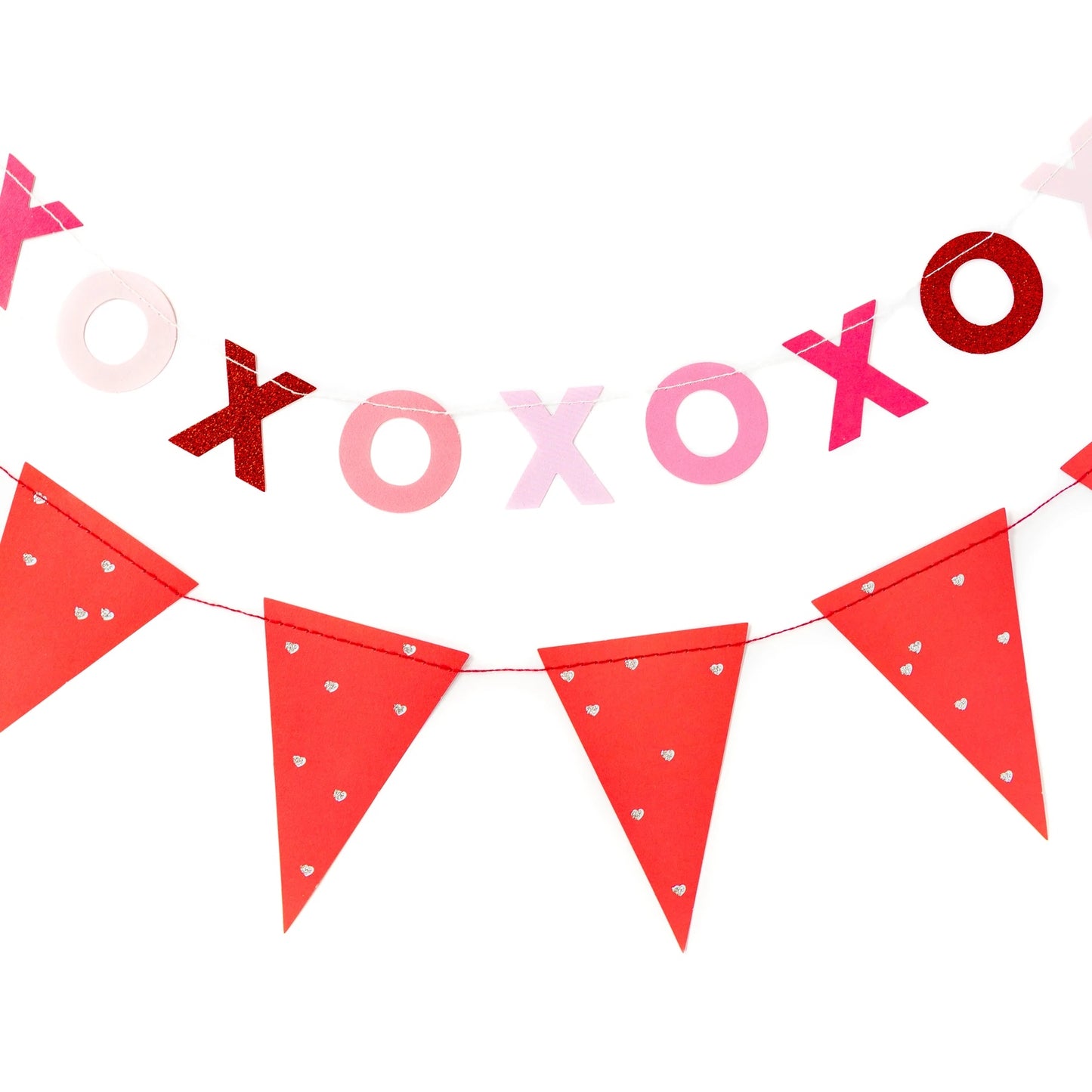 VALENTINE GLITTERED XOXO & MINI SILVER GLITTER HEART PATTERN PENNANT BANNER SET