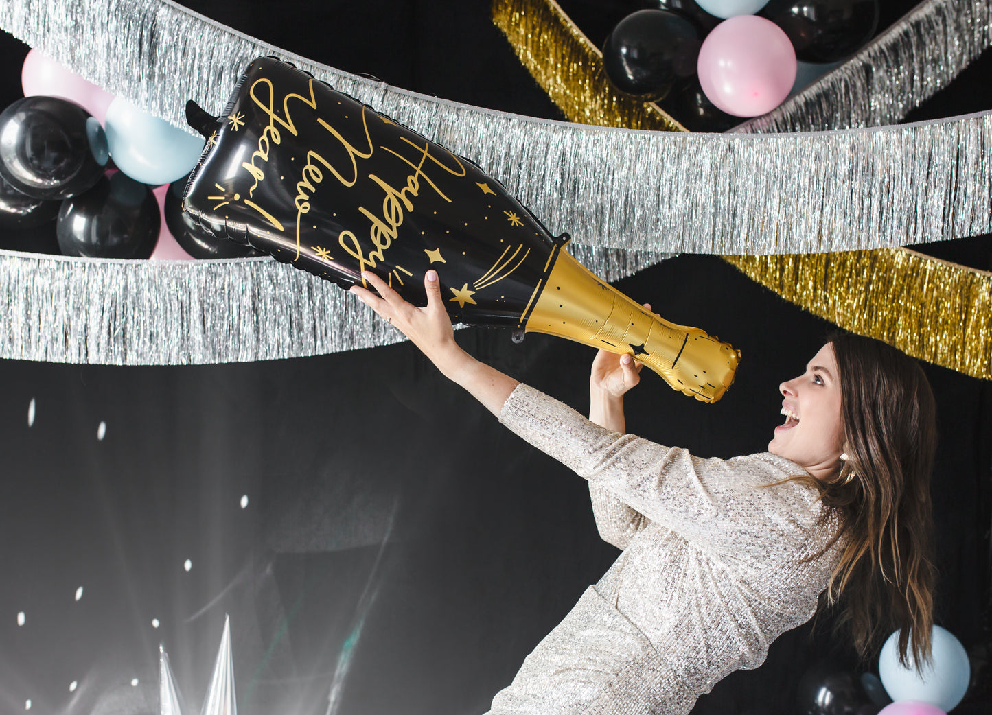 NEW YEAR'S EVE BLACK & GOLD CHAMPAGNE BOTTLE BALLOON 34.5IN